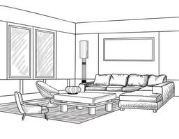 Home living room interior. Outline sketch of furniture with sofa, shelving, table. Living room drawing design. Engraving hand drawing illustration vector