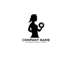 Fitness club logo with woman silhouette, Woman holds dumbbell vector