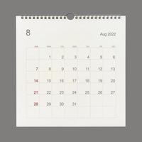 August 2022 calendar page on white background. Calendar background for reminder, business planning, appointment meeting and event. photo