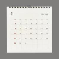 May 2022 calendar page on white background. Calendar background for reminder, business planning, appointment meeting and event. photo