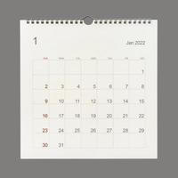 January 2022 calendar page on white background. Calendar background for reminder, business planning, appointment meeting and event. photo