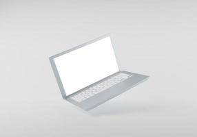 Laptop 3d computer blank white screen mockup on white background. Minimal technology 3d rendering illustration, lean view mock-up. photo