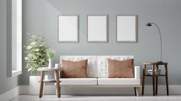 Blank poster mockup with Three  frames on an empty white wall in living room interior, Living room, 3D Rendering photo