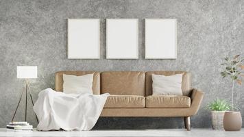 maqueta de afiche vertical con tres marcos en una pared blanca vacía en el interior de la sala de estar, sala de estar, representación 3d foto