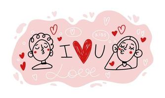 Horizontal greeting card couple in love boy and girl dream of a kiss. Linear sketch doodle on a pink background. vector
