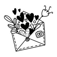 Doodle illustration of an envelope with hearts and flowers. Black line isolated on white background. Icon for design and stickers for wedding and romantic dates vector