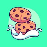 two cute cookies with milk splash vector illustration. cartoon flat design chocolate biscuit