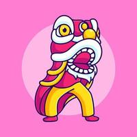 cute lion dance for chinese new year vector illustration. people wearing lion dance costumes flat design