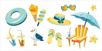 A set of cute summer icons, A panama hat, sunglasses, a sunbed with an umbrella, a swimming circle, a starfish, flip-flops, drinks, ice cream. Bright summer poster. vector