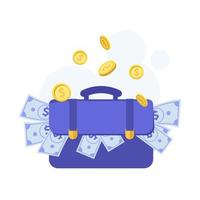 A suitcase full of money. A suitcase with bills and coins. Business concept.
