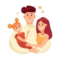 padres con un hijo. el padre abraza a su esposa e hija. día de la familia, concepto de vacaciones. diseño de vector plano aislado de dibujos animados.