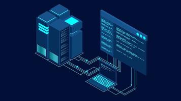 Concept of big data processing center loopable concept. Isometric Data center video