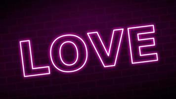Neon bord. retro neon liefde teken op paarse bakstenen achtergrond. motion grafisch ontwerp voor wenskaart. video