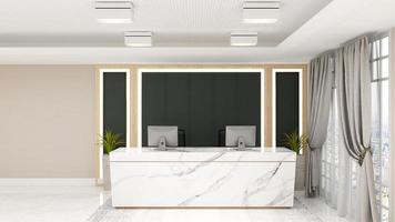 3D Rendering Modern Wooden Reception Room or Front Desk Mockup photo