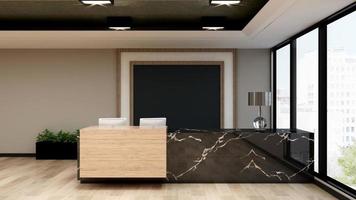 3D Rendering Modern Wooden Reception Room or Front Desk Mockup photo