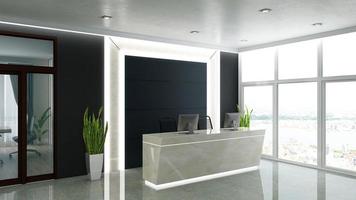 3D Rendering Futuristic Reception Room or Front Desk Mockup photo