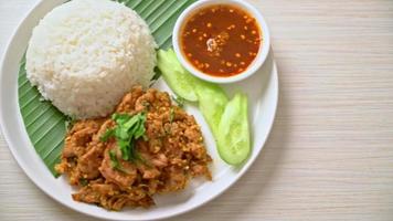 spicy grilled pork with rice and spicy sauce in Asian style video