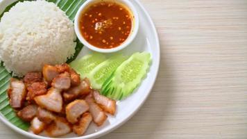 fried belly pork with rice with spicy sauce in Asian style