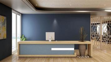 3D Rendering Futuristic Reception Room or Front Desk Mockup photo