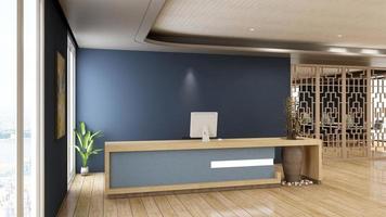 3D Rendering Futuristic Reception Room or Front Desk Mockup photo