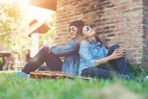 Young hipster couple spend time on dating together. photo