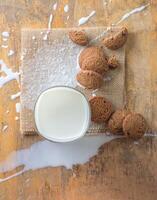 top view of sweet chocolate cookies and milk splash photo