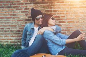 Young hipster couple spend time on dating together. photo