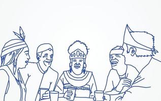 lineart illustration of multicultural fraternity mingling with smiles and laughter vector