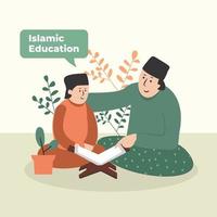 vector illustration of Islamic education - Muslim students and teachers reading the holy quran
