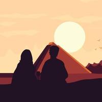 a couple of lovers sitting at dusk facing the pyramid vector