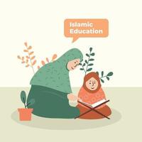 ilustración vectorial de la educación islámica - estudiantes y profesores musulmanes que leen el sagrado corán vector