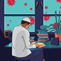 learn from home - illustration of a muslim in white clothes reading a book beside the window, and outside there is a corona virus vector
