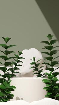 3D illustration rendering image of empty space mockup podium geometric shape and green nature themed for product display photo
