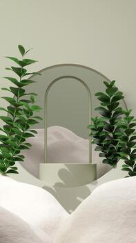 3D illustration rendering image of empty space mockup podium geometric shape and green nature themed for product display photo