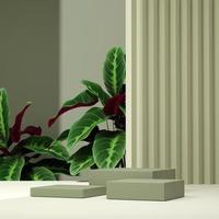 3D illustration rendering image of empty space mockup podium geometric shape and green nature themed for product display photo