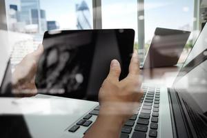 double exposure of businessman shows modern technology with business strategy as concept photo