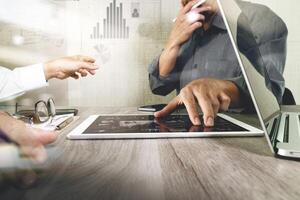 Businessman making presentation with his colleagues and business strategy digital layer effect at the office as concept photo