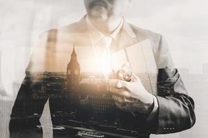 Double exposure of smart medical doctor working with London city,Bigben,front view,filter effect photo