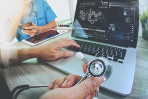 Medicine doctor hand working with modern computer and digital pro tablet with his team with digital medical diagram on wooden desk as medical concept photo