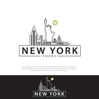 Logo design Graphic illustration of New York City with various famous buildings and points of interest. Modern vector line art design.