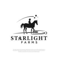 silueta de hombre montando a caballo mientras la luz de las estrellas parpadea, ilustración de diseño de logotipo vector