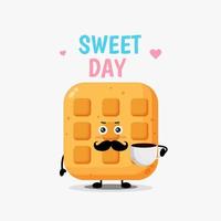 Cute happy waffle with coffee cup vector