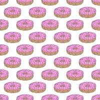 Donut seamless pattern on white background.Hand drawing.Doughnut with pink icing and topping.Confectionery.Confectionery baked goods.Printing on textiles, packaging.Vector vector