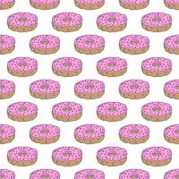 Donut seamless pattern on white background.Hand drawing.Doughnut with pink icing and topping.Confectionery.Confectionery baked goods.Printing on textiles, packaging.Vector vector