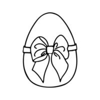 Easter egg with a bow-Doodle style . A black-and-white image isolated on a white background.Festive egg with a ribbon.Coloring.Outline drawing by hand.For postcards, decorations for Easter. vector