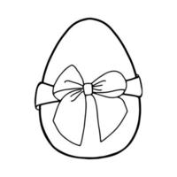 Easter egg with a bow-Doodle style . A black-and-white image isolated on a white background.Festive egg with a ribbon.Coloring.Outline drawing by hand.For postcards, decorations for Easter. vector