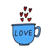 Blue Cup with the inscription love, steam in the form of hearts.Hand drawing.Valentine's day gift.Love potion.Vector vector