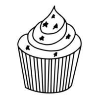 ilustración de línea dibujada a mano de cupcake. garabatos horneado estilizado. imagen en blanco y negro. cocción estilizada. bizcocho con crema. vector