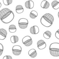 Basket wicker seamless pattern on a white background. Black-and-white image of hand drawing the line. Basket for shopping, Pets, picnic, holiday, Hiking. Vector