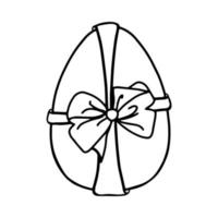 Easter egg with a bow-Doodle style . A black-and-white image isolated on a white background.Festive egg with a ribbon.Coloring.Outline drawing by hand.For postcards, decorations for Easter. vector